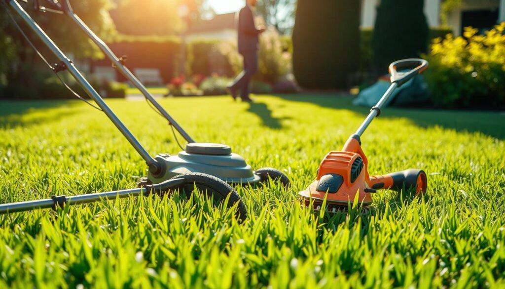 A meticulously manicured lawn, its verdant blades glistening under the warm afternoon sun. In the foreground, an array of lawn mowing tools - a sleek push mower, a sturdy edger, and a well-oiled trimmer - symbolizing the various factors that contribute to the cost of lawn maintenance. In the middle ground, a homeowner contemplates the task at hand, considering the size of the yard, the frequency of mowing, and the desired level of lawn care. The background features a lush garden, hinting at the aesthetic value a well-maintained lawn can add to a property. The scene is captured through a wide-angle lens, conveying a sense of balance and harmony between the practical and the aspirational aspects of lawn mowing. A meticulously manicured lawn, its verdant blades glistening under the warm afternoon sun. In the foreground, an array of lawn mowing tools - a sleek push mower, a sturdy edger, and a well-oiled trimmer - symbolizing the various factors that contribute to the cost of lawn maintenance. In the middle ground, a homeowner contemplates the task at hand, considering the size of the yard, the frequency of mowing, and the desired level of lawn care. The background features a lush garden, hinting at the aesthetic value a well-maintained lawn can add to a property. The scene is captured through a wide-angle lens, conveying a sense of balance and harmony between the practical and the aspirational aspects of lawn mowing.