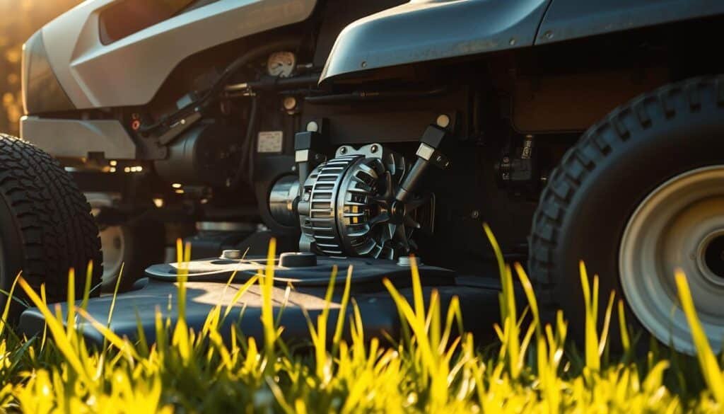 A riding lawn mower, its engine compartment open, revealing a sleek, chrome alternator nestled between the engine components. The alternator's intricate wiring and fan blades are clearly visible, bathed in warm, golden sunlight filtering through the surrounding foliage. The mower's chassis casts a subtle shadow on the well-manicured grass, adding depth and dimension to the scene. The overall composition conveys a sense of mechanical precision and the essential role the alternator plays in powering the mower's electrical systems. A riding lawn mower, its engine compartment open, revealing a sleek, chrome alternator nestled between the engine components. The alternator's intricate wiring and fan blades are clearly visible, bathed in warm, golden sunlight filtering through the surrounding foliage. The mower's chassis casts a subtle shadow on the well-manicured grass, adding depth and dimension to the scene. The overall composition conveys a sense of mechanical precision and the essential role the alternator plays in powering the mower's electrical systems.