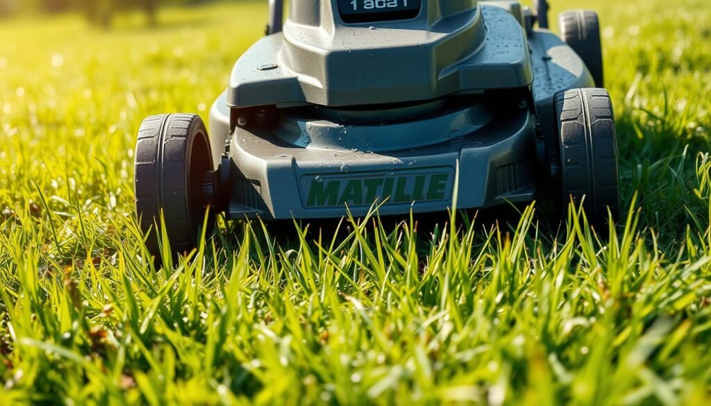 A sun-drenched lawn, freshly mowed, with a lawn mower sitting in the center. The metal surface of the mower glistens, droplets of water evaporating in the warm breeze. Blades of grass sway gently, creating a serene, natural backdrop. The mower's wheels are slightly elevated, allowing air to circulate and dry the undercarriage. Soft, diffused lighting illuminates the scene, casting subtle shadows and highlighting the intricate details of the machine. The overall atmosphere conveys a sense of patient waiting, as the lawn mower patiently dries, ready to return to its grassy domain. A sun-drenched lawn, freshly mowed, with a lawn mower sitting in the center. The metal surface of the mower glistens, droplets of water evaporating in the warm breeze. Blades of grass sway gently, creating a serene, natural backdrop. The mower's wheels are slightly elevated, allowing air to circulate and dry the undercarriage. Soft, diffused lighting illuminates the scene, casting subtle shadows and highlighting the intricate details of the machine. The overall atmosphere conveys a sense of patient waiting, as the lawn mower patiently dries, ready to return to its grassy domain.