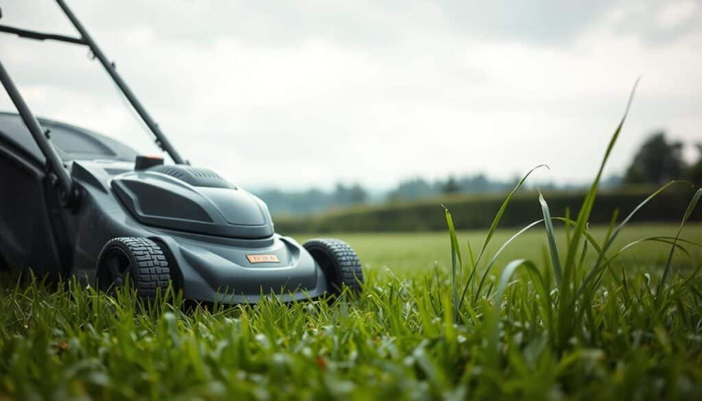 A verdant lawn under a soft, overcast sky. In the foreground, a modern lawn mower stands ready, its sleek design and oversized wheels suggesting suitability for wet conditions. The mower's blades glint in the muted light, promising an efficient cut even on damp grass. In the middle ground, rain-soaked grass blades bend gently, their lush green hues contrasting with the mower's muted tones. The background fades into a blurred landscape, hinting at the larger context of the lawn, perhaps a picturesque garden or a peaceful suburban setting. The overall atmosphere conveys a sense of care and consideration for maintaining a healthy, well-groomed lawn even in less-than-ideal weather. A verdant lawn under a soft, overcast sky. In the foreground, a modern lawn mower stands ready, its sleek design and oversized wheels suggesting suitability for wet conditions. The mower's blades glint in the muted light, promising an efficient cut even on damp grass. In the middle ground, rain-soaked grass blades bend gently, their lush green hues contrasting with the mower's muted tones. The background fades into a blurred landscape, hinting at the larger context of the lawn, perhaps a picturesque garden or a peaceful suburban setting. The overall atmosphere conveys a sense of care and consideration for maintaining a healthy, well-groomed lawn even in less-than-ideal weather.