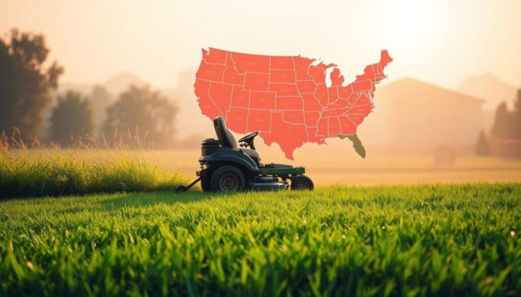 A vibrant, detailed infographic depicting the pricing trends for lawn mowing services across the United States. In the foreground, a lush green lawn stretches out, with a riding lawn mower cutting through the grass. The mower casts dynamic shadows, creating a sense of movement and realism. In the middle ground, a map of the United States is displayed, with various regions highlighted to showcase the regional variations in lawn mowing prices. The map is rendered in a clean, modern style, using a color palette that complements the natural tones of the lawn. In the background, a soft, hazy skyline provides a sense of depth and atmosphere, with the warm glow of the sun illuminating the scene. The overall composition is balanced and visually engaging, effectively communicating the key insights about lawn mowing pricing trends across different locations. A vibrant, detailed infographic depicting the pricing trends for lawn mowing services across the United States. In the foreground, a lush green lawn stretches out, with a riding lawn mower cutting through the grass. The mower casts dynamic shadows, creating a sense of movement and realism. In the middle ground, a map of the United States is displayed, with various regions highlighted to showcase the regional variations in lawn mowing prices. The map is rendered in a clean, modern style, using a color palette that complements the natural tones of the lawn. In the background, a soft, hazy skyline provides a sense of depth and atmosphere, with the warm glow of the sun illuminating the scene. The overall composition is balanced and visually engaging, effectively communicating the key insights about lawn mowing pricing trends across different locations.