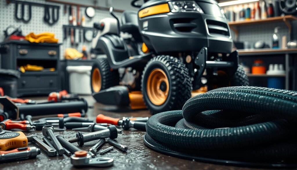 A well-equipped maintenance station for wet mowing conditions. In the foreground, an array of specialized tools - screwdrivers, wrenches, and a heavy-duty hose for cleaning. In the middle ground, a riding lawn mower undergoing a thorough inspection, its wheels and undercarriage meticulously examined. The background depicts a neatly organized workbench, stocked with spare parts, lubricants, and cleaning supplies. Soft, diffused lighting illuminates the scene, creating an atmosphere of focused efficiency. The overall composition conveys the importance of diligent equipment care to ensure optimal performance in damp, challenging environments. A well-equipped maintenance station for wet mowing conditions. In the foreground, an array of specialized tools - screwdrivers, wrenches, and a heavy-duty hose for cleaning. In the middle ground, a riding lawn mower undergoing a thorough inspection, its wheels and undercarriage meticulously examined. The background depicts a neatly organized workbench, stocked with spare parts, lubricants, and cleaning supplies. Soft, diffused lighting illuminates the scene, creating an atmosphere of focused efficiency. The overall composition conveys the importance of diligent equipment care to ensure optimal performance in damp, challenging environments.