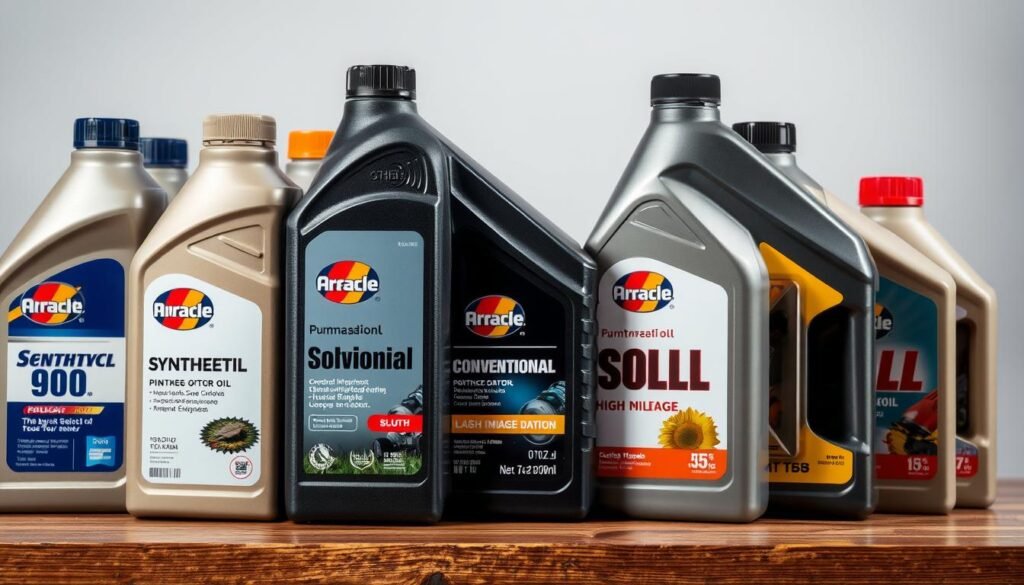 A well-lit close-up of various motor oil bottles, including synthetic, conventional, and high-mileage options, arranged in a row on a wooden surface. The bottles are depicted with clear labels, allowing the viewer to easily discern the different oil types. The lighting is soft and evenly distributed, highlighting the textures and colors of the bottles. The background is a neutral, slightly blurred, allowing the oils to be the focal point. The overall composition conveys a sense of comparison and analysis, guiding the viewer to consider the nuances between the different oil options for a push mower.