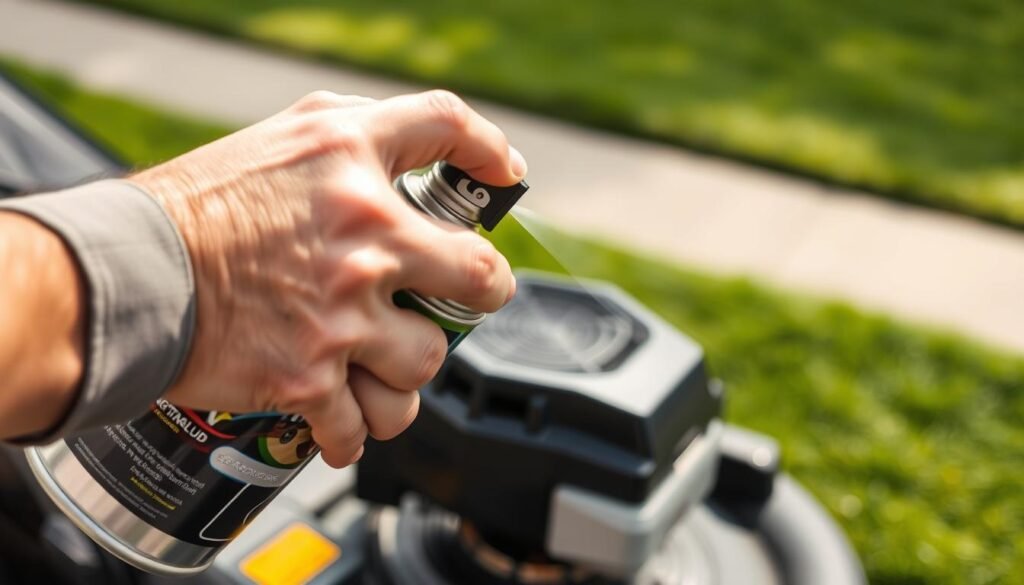 A well-lit, close-up photograph of a person's hand holding a can of engine starting fluid, with the nozzle pointed towards the air intake of a lawn mower engine. The person's other hand is reaching towards the engine, ready to spray the starting fluid. The background is blurred, but suggests an outdoor setting, with a neatly manicured lawn in the distance. The image conveys a sense of precision, efficiency, and focus, as the person demonstrates the proper technique for applying starting fluid to a lawn mower engine. A well-lit, close-up photograph of a person's hand holding a can of engine starting fluid, with the nozzle pointed towards the air intake of a lawn mower engine. The person's other hand is reaching towards the engine, ready to spray the starting fluid. The background is blurred, but suggests an outdoor setting, with a neatly manicured lawn in the distance. The image conveys a sense of precision, efficiency, and focus, as the person demonstrates the proper technique for applying starting fluid to a lawn mower engine.