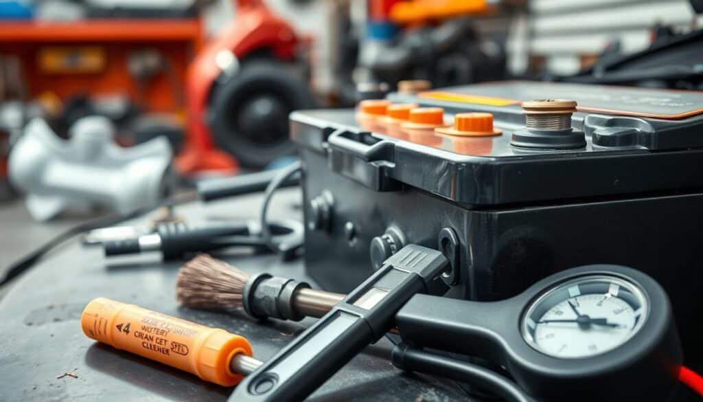 A well-lit, close-up view of a car battery, its terminals and connectors clearly visible. In the foreground, a set of tools - a wire brush, battery terminal cleaner, and a voltmeter - are arranged neatly. The background shows a garage workbench, with tools and automotive parts in the periphery, creating a sense of a professional, well-equipped maintenance setting. The image conveys a sense of diligence and care, highlighting the importance of proper battery maintenance for long-term performance and reliability. A well-lit, close-up view of a car battery, its terminals and connectors clearly visible. In the foreground, a set of tools - a wire brush, battery terminal cleaner, and a voltmeter - are arranged neatly. The background shows a garage workbench, with tools and automotive parts in the periphery, creating a sense of a professional, well-equipped maintenance setting. The image conveys a sense of diligence and care, highlighting the importance of proper battery maintenance for long-term performance and reliability.