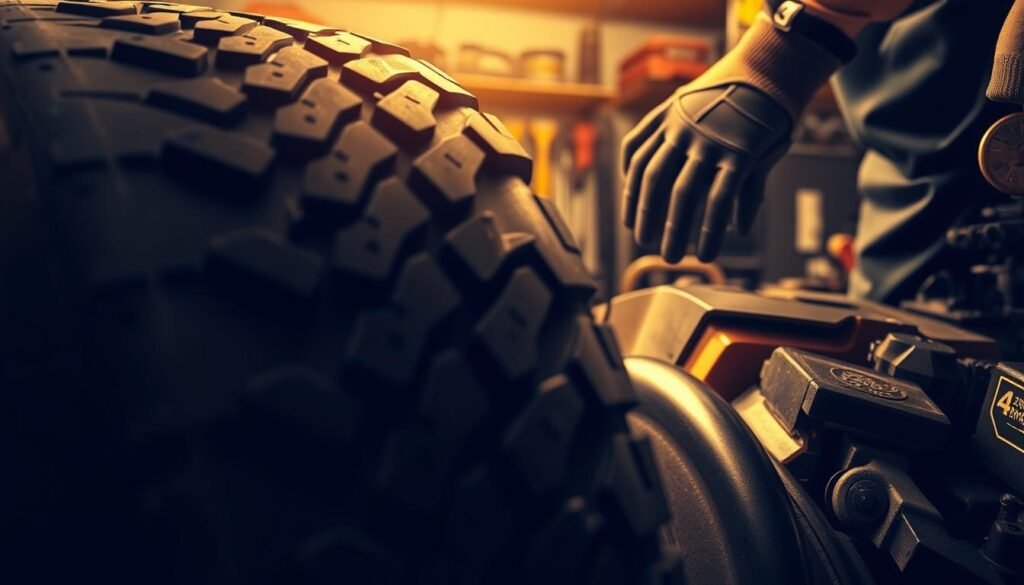 A well-lit, detailed illustration showcasing important lawn mower tire safety precautions. Prominently featured in the foreground, a large, rugged lawn mower tire with tread pattern visible. In the middle ground, a mechanic's gloved hands carefully inspecting the tire for wear and damage. The background depicts a well-organized garage workshop, with shelves of tools and a lawn mower in the corner. Warm, diffused lighting creates a sense of focus and professionalism. The overall composition emphasizes the importance of proper tire maintenance and safety checks before mowing. Technical details like camera angle, depth of field, and lighting create a realistic, instructional tone. A well-lit, detailed illustration showcasing important lawn mower tire safety precautions. Prominently featured in the foreground, a large, rugged lawn mower tire with tread pattern visible. In the middle ground, a mechanic's gloved hands carefully inspecting the tire for wear and damage. The background depicts a well-organized garage workshop, with shelves of tools and a lawn mower in the corner. Warm, diffused lighting creates a sense of focus and professionalism. The overall composition emphasizes the importance of proper tire maintenance and safety checks before mowing. Technical details like camera angle, depth of field, and lighting create a realistic, instructional tone.