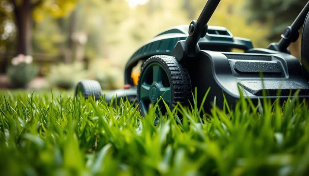 A well-lit, detailed image of a lawn mower with the height adjustment lever clearly visible, showcasing the proper positioning for mowing wet grass. The mower is positioned in the foreground, with lush, slightly damp green grass filling the middle ground. The background features a soft, blurred natural setting, perhaps a garden or a wooded area, to create a peaceful, serene atmosphere. The image should convey a sense of expertise and guidance, highlighting the importance of adjusting the mower height when dealing with wet conditions for the best mowing results.