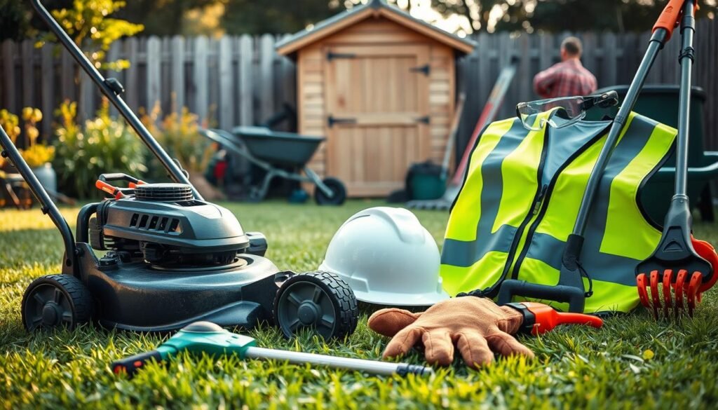 A well-lit, high-angle shot of a neatly arranged collection of lawn care equipment and safety gear. In the foreground, a gas-powered lawn mower, a string trimmer, and a pair of sturdy work gloves. In the middle ground, a hard hat, safety goggles, and a high-visibility safety vest. In the background, a garden shed, a rake, and a wheelbarrow, all bathed in soft, diffused natural light. The overall scene conveys a sense of organization, preparedness, and a commitment to safe and effective lawn maintenance. A well-lit, high-angle shot of a neatly arranged collection of lawn care equipment and safety gear. In the foreground, a gas-powered lawn mower, a string trimmer, and a pair of sturdy work gloves. In the middle ground, a hard hat, safety goggles, and a high-visibility safety vest. In the background, a garden shed, a rake, and a wheelbarrow, all bathed in soft, diffused natural light. The overall scene conveys a sense of organization, preparedness, and a commitment to safe and effective lawn maintenance.
