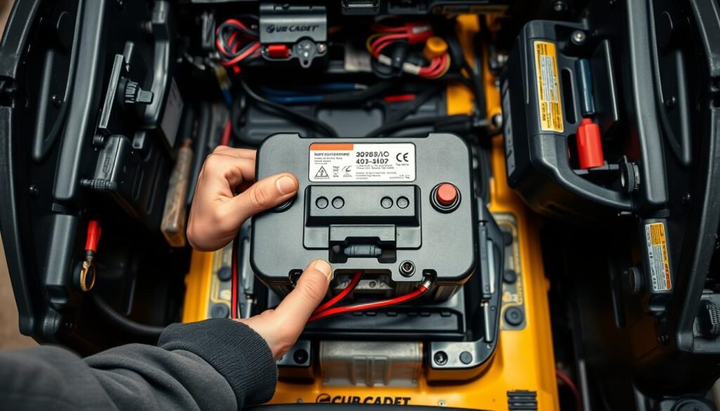 A well-lit, high-angle view of a Cub Cadet riding mower battery being installed. The foreground shows the battery being carefully placed into the designated compartment, with the operator's hands visible. The middle ground depicts the battery terminals and connections, showcasing the step-by-step process. The background features the clean, organized interior of the mower's engine bay, with tools and parts neatly arranged. The overall atmosphere conveys a sense of precision, attention to detail, and a helpful, instructional tone suitable for a maintenance guide. A well-lit, high-angle view of a Cub Cadet riding mower battery being installed. The foreground shows the battery being carefully placed into the designated compartment, with the operator's hands visible. The middle ground depicts the battery terminals and connections, showcasing the step-by-step process. The background features the clean, organized interior of the mower's engine bay, with tools and parts neatly arranged. The overall atmosphere conveys a sense of precision, attention to detail, and a helpful, instructional tone suitable for a maintenance guide.