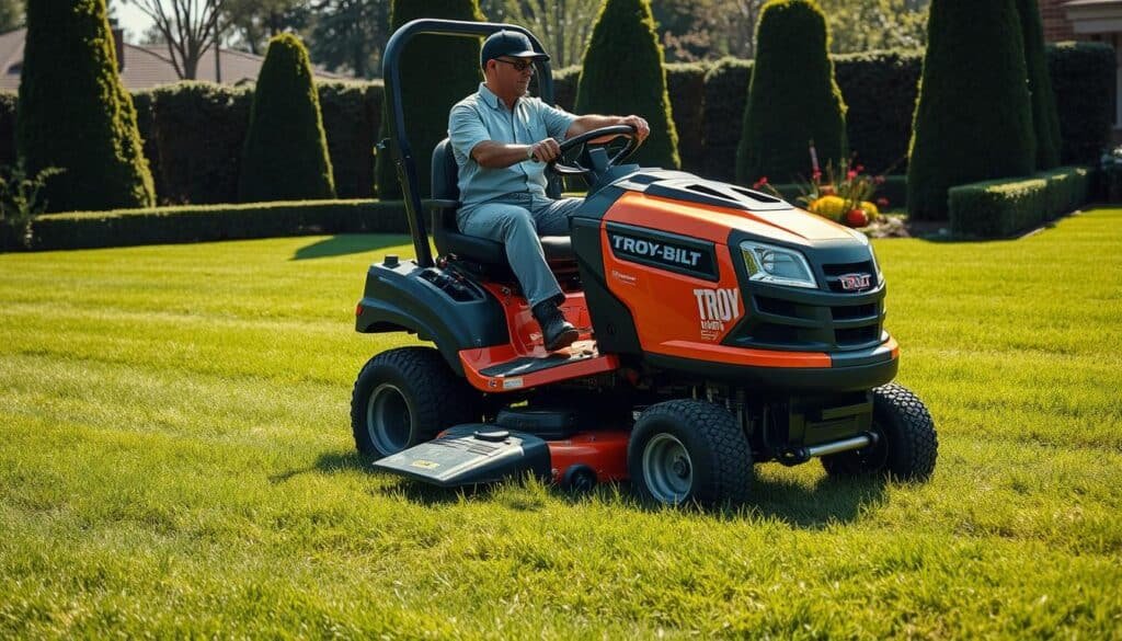 A well-lit, high-quality photograph of a Troy-Bilt riding mower being tested on a lush, green lawn. The mower is prominently featured in the foreground, its sleek black and orange body gleaming in the sunlight. The operator, dressed in a crisp uniform, is visible in the middle ground, carefully maneuvering the mower. In the background, a neatly trimmed garden and a few tall trees create a serene, suburban setting. The image conveys a sense of quality, durability, and attention to detail, perfectly capturing the essence of the Troy-Bilt riding mower and its performance. A well-lit, high-quality photograph of a Troy-Bilt riding mower being tested on a lush, green lawn. The mower is prominently featured in the foreground, its sleek black and orange body gleaming in the sunlight. The operator, dressed in a crisp uniform, is visible in the middle ground, carefully maneuvering the mower. In the background, a neatly trimmed garden and a few tall trees create a serene, suburban setting. The image conveys a sense of quality, durability, and attention to detail, perfectly capturing the essence of the Troy-Bilt riding mower and its performance.