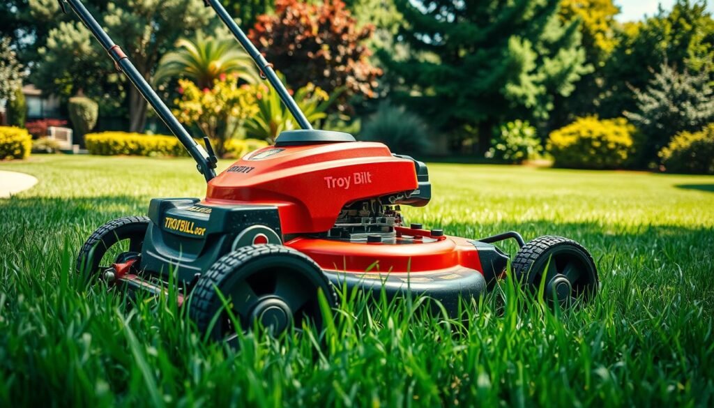 A well-lit, high-resolution image of a Troy Bilt lawn mower in a lush, verdant backyard setting. The mower is prominently featured in the foreground, its sturdy construction and gleaming chrome accents showcasing its performance capabilities. The blades are spinning at full speed, cutting through the thick, healthy grass with precision and efficiency. In the middle ground, the mower's large rear wheels demonstrate its powerful traction and maneuverability, while the detailed mulching mechanism highlights its ability to finely shred and distribute the grass clippings. The background features a beautifully manicured lawn, surrounded by vibrant trees and shrubs, conveying a sense of a well-maintained, high-performing outdoor space. A well-lit, high-resolution image of a Troy Bilt lawn mower in a lush, verdant backyard setting. The mower is prominently featured in the foreground, its sturdy construction and gleaming chrome accents showcasing its performance capabilities. The blades are spinning at full speed, cutting through the thick, healthy grass with precision and efficiency. In the middle ground, the mower's large rear wheels demonstrate its powerful traction and maneuverability, while the detailed mulching mechanism highlights its ability to finely shred and distribute the grass clippings. The background features a beautifully manicured lawn, surrounded by vibrant trees and shrubs, conveying a sense of a well-maintained, high-performing outdoor space.