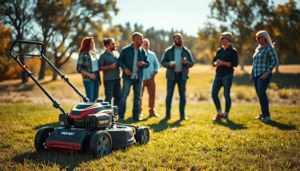 A well-lit, high-resolution outdoor scene showcasing a Troy-Bilt lawn mower in the foreground. The mower is positioned on a lush green lawn, with a clear focus on the product's design, features, and overall build quality. In the middle ground, a group of diverse individuals, both men and women, are engaged in a lively discussion, gesturing and referencing the mower while exchanging opinions. The background features a warm, sun-drenched landscape with towering trees and a clear blue sky, creating a serene and inviting atmosphere. The overall composition conveys a sense of trust, reliability, and customer satisfaction with the Troy-Bilt lawn mower. A well-lit, high-resolution outdoor scene showcasing a Troy-Bilt lawn mower in the foreground. The mower is positioned on a lush green lawn, with a clear focus on the product's design, features, and overall build quality. In the middle ground, a group of diverse individuals, both men and women, are engaged in a lively discussion, gesturing and referencing the mower while exchanging opinions. The background features a warm, sun-drenched landscape with towering trees and a clear blue sky, creating a serene and inviting atmosphere. The overall composition conveys a sense of trust, reliability, and customer satisfaction with the Troy-Bilt lawn mower.