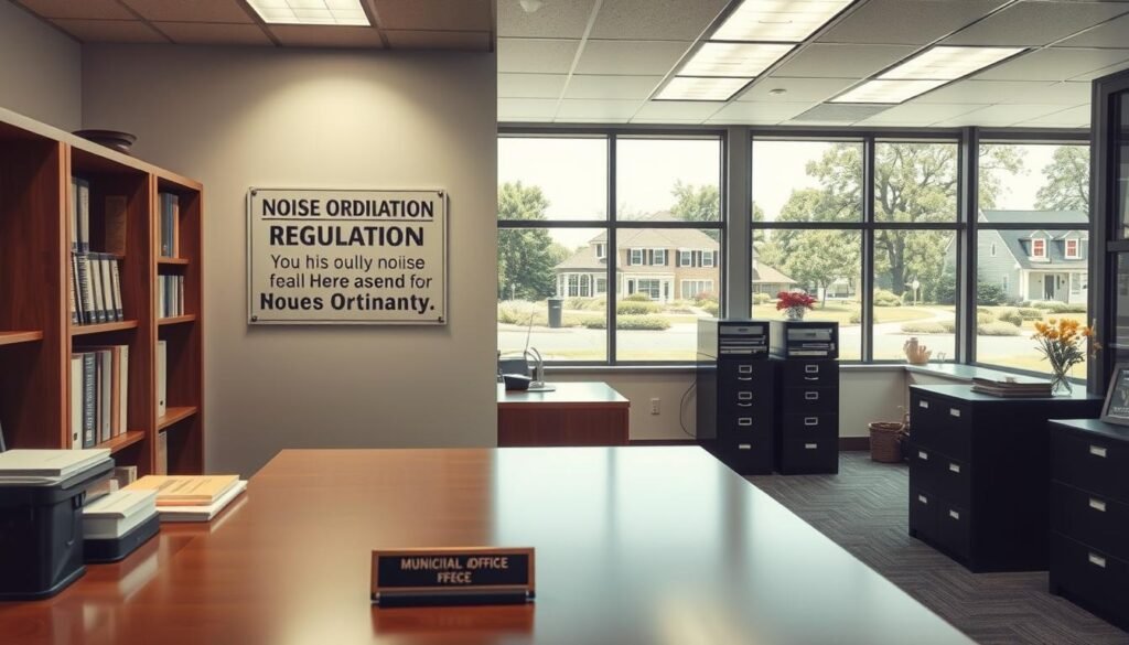 A well-lit municipal office interior, with a sign on the wall displaying local noise ordinance regulations. The desk in the foreground has a nameplate and office supplies, conveying a sense of authority. The middle ground features bookcases and filing cabinets, hinting at the bureaucratic nature of the space. The background shows large windows with a view of a peaceful suburban neighborhood, emphasizing the local context. The lighting is soft and professional, creating a serious yet approachable atmosphere. The overall composition suggests the importance of understanding and complying with community noise guidelines. A well-lit municipal office interior, with a sign on the wall displaying local noise ordinance regulations. The desk in the foreground has a nameplate and office supplies, conveying a sense of authority. The middle ground features bookcases and filing cabinets, hinting at the bureaucratic nature of the space. The background shows large windows with a view of a peaceful suburban neighborhood, emphasizing the local context. The lighting is soft and professional, creating a serious yet approachable atmosphere. The overall composition suggests the importance of understanding and complying with community noise guidelines.