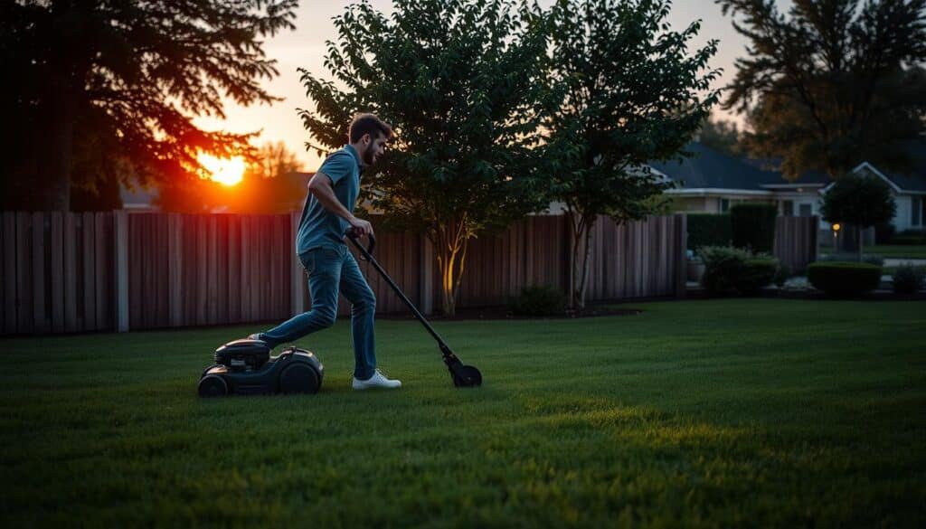 A well-lit suburban lawn at dusk, the sun just starting to set over the horizon. In the foreground, a man in casual attire meticulously pushes a modern, electric lawn mower across the neatly trimmed grass, racing against the encroaching twilight. The middle ground features a wooden fence and a few lush trees, their leaves gently swaying in the evening breeze. The background is a softly blurred neighborhood, hinting at the nearby homes and streetlights about to illuminate. The scene conveys a sense of urgency and the need to complete the task before darkness falls. A well-lit suburban lawn at dusk, the sun just starting to set over the horizon. In the foreground, a man in casual attire meticulously pushes a modern, electric lawn mower across the neatly trimmed grass, racing against the encroaching twilight. The middle ground features a wooden fence and a few lush trees, their leaves gently swaying in the evening breeze. The background is a softly blurred neighborhood, hinting at the nearby homes and streetlights about to illuminate. The scene conveys a sense of urgency and the need to complete the task before darkness falls.