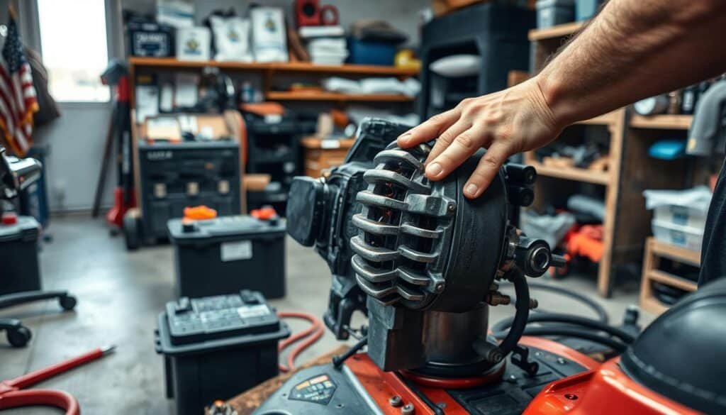 A well-lit workshop interior, with a riding lawn mower's alternator in the foreground, surrounded by various tools and components. A mechanic's hands are carefully inspecting the alternator, highlighting its intricate structure and connections. The middle ground features a battery and other related parts, while the background showcases shelves with diagnostic equipment, manuals, and spare parts, conveying a sense of expertise and preparedness. The scene exudes an atmosphere of focused attention to detail, guiding the viewer through the maintenance process for a riding lawn mower's alternator and battery. A well-lit workshop interior, with a riding lawn mower's alternator in the foreground, surrounded by various tools and components. A mechanic's hands are carefully inspecting the alternator, highlighting its intricate structure and connections. The middle ground features a battery and other related parts, while the background showcases shelves with diagnostic equipment, manuals, and spare parts, conveying a sense of expertise and preparedness. The scene exudes an atmosphere of focused attention to detail, guiding the viewer through the maintenance process for a riding lawn mower's alternator and battery.