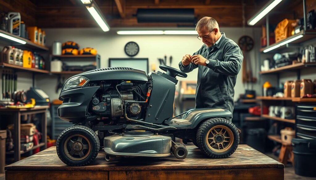 A well-lit workshop interior, with a sturdy workbench in the foreground, upon which rests a freshly serviced lawn mower. The mower's engine is opened, exposing its inner components. A mechanic, clad in a coverall, carefully inspects each part, gauging wear and tear using specialized tools. The lighting casts a warm, focused glow, emphasizing the intricate details of the maintenance process. In the background, shelves laden with oil cans, spare parts, and other lawn care equipment suggest a comprehensive, professional approach to lawn mower upkeep. The scene conveys a sense of diligence, expertise, and a commitment to ensuring the longevity and optimal performance of the lawn mower.