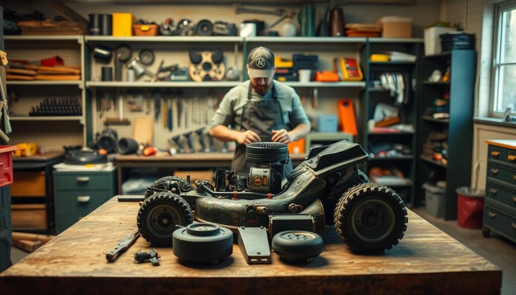 A well-lit workshop interior, with a sturdy workbench in the foreground. On the bench, a meticulously disassembled lawn mower, its components laid out in an organized manner. In the middle ground, a skilled mechanic, wearing a grease-stained apron, carefully inspecting each part. The background features shelves stocked with neatly organized tools and spare parts, suggesting a methodical approach to lawn mower maintenance. Soft, warm lighting illuminates the scene, creating a sense of focused attention and dedication to the task at hand. A well-lit workshop interior, with a sturdy workbench in the foreground. On the bench, a meticulously disassembled lawn mower, its components laid out in an organized manner. In the middle ground, a skilled mechanic, wearing a grease-stained apron, carefully inspecting each part. The background features shelves stocked with neatly organized tools and spare parts, suggesting a methodical approach to lawn mower maintenance. Soft, warm lighting illuminates the scene, creating a sense of focused attention and dedication to the task at hand.