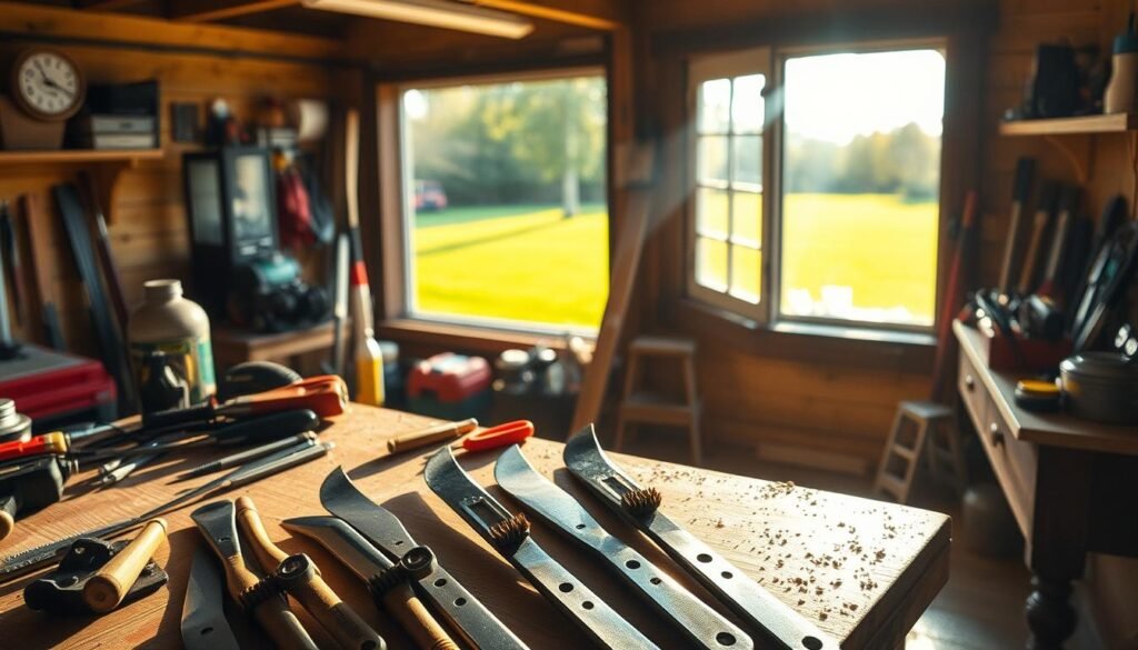 A well-lit workshop interior, with an organized workbench in the foreground featuring an assortment of tools and equipment related to mower blade sharpening. In the middle ground, a freshly mowed lawn is visible through a window, and in the background, sunlight streams in, casting a warm, natural glow. The scene conveys a sense of thoughtful preparation and attention to detail, with the mower blades the focal point, hinting at the importance of proper maintenance. The overall mood is one of diligence and care, reflecting the subject of the article. A well-lit workshop interior, with an organized workbench in the foreground featuring an assortment of tools and equipment related to mower blade sharpening. In the middle ground, a freshly mowed lawn is visible through a window, and in the background, sunlight streams in, casting a warm, natural glow. The scene conveys a sense of thoughtful preparation and attention to detail, with the mower blades the focal point, hinting at the importance of proper maintenance. The overall mood is one of diligence and care, reflecting the subject of the article.