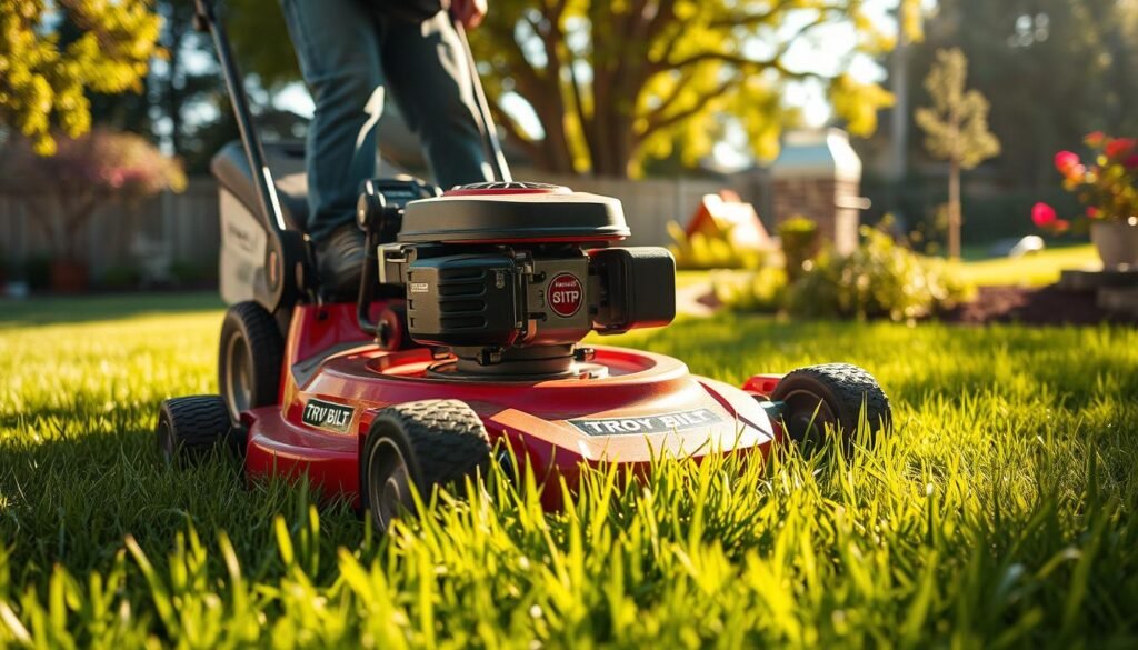 A well-maintained Troy Bilt lawn mower effortlessly cutting through lush, vibrant grass in a sunny, idyllic backyard. The mower's sharp blades precisely trim the grass, leaving behind a neatly manicured, even surface. Sunlight filters through the trees, casting a warm glow and gentle shadows across the scene. The mower's powerful engine purrs quietly, its efficient operation showcasing the user-friendly design. In the foreground, the mower's sturdy frame and large wheels convey its robust construction, while the surrounding landscape in the middle and background suggests a well-tended, thriving outdoor space. A well-maintained Troy Bilt lawn mower effortlessly cutting through lush, vibrant grass in a sunny, idyllic backyard. The mower's sharp blades precisely trim the grass, leaving behind a neatly manicured, even surface. Sunlight filters through the trees, casting a warm glow and gentle shadows across the scene. The mower's powerful engine purrs quietly, its efficient operation showcasing the user-friendly design. In the foreground, the mower's sturdy frame and large wheels convey its robust construction, while the surrounding landscape in the middle and background suggests a well-tended, thriving outdoor space.