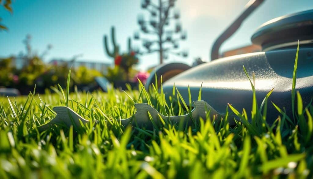 A well-maintained lawn mower with sharp blades effortlessly slicing through lush, verdant grass. The blades gleam in the soft, natural lighting, casting crisp, defined shadows on the ground. In the foreground, a close-up view highlights the razor-sharp edges, while the middle ground showcases the clean, even cut of the grass. In the background, a vibrant garden and a clear blue sky create a serene, idyllic setting, emphasizing the benefits of keeping your mower blades in top condition. A well-maintained lawn mower with sharp blades effortlessly slicing through lush, verdant grass. The blades gleam in the soft, natural lighting, casting crisp, defined shadows on the ground. In the foreground, a close-up view highlights the razor-sharp edges, while the middle ground showcases the clean, even cut of the grass. In the background, a vibrant garden and a clear blue sky create a serene, idyllic setting, emphasizing the benefits of keeping your mower blades in top condition.