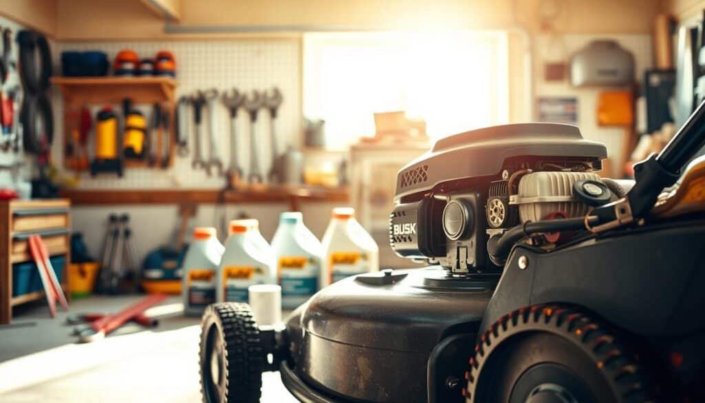 A well-organized lawn mower maintenance scene with a focus on oil change tips. In the foreground, a lawnmower is propped up on a sturdy workbench, its engine exposed, revealing the oil drain plug. In the middle ground, a set of wrenches, oil filters, and fresh oil bottles are neatly arranged. The background features a bright, sunlit garage interior with pegboards, tools, and a sense of order. Warm, natural lighting casts a golden glow over the scene, emphasizing the importance of proper maintenance. The overall composition conveys a sense of expertise and attention to detail, perfectly suited to illustrate the "Proper Maintenance and Oil Change Tips" section of the article. A well-organized lawn mower maintenance scene with a focus on oil change tips. In the foreground, a lawnmower is propped up on a sturdy workbench, its engine exposed, revealing the oil drain plug. In the middle ground, a set of wrenches, oil filters, and fresh oil bottles are neatly arranged. The background features a bright, sunlit garage interior with pegboards, tools, and a sense of order. Warm, natural lighting casts a golden glow over the scene, emphasizing the importance of proper maintenance. The overall composition conveys a sense of expertise and attention to detail, perfectly suited to illustrate the "Proper Maintenance and Oil Change Tips" section of the article.