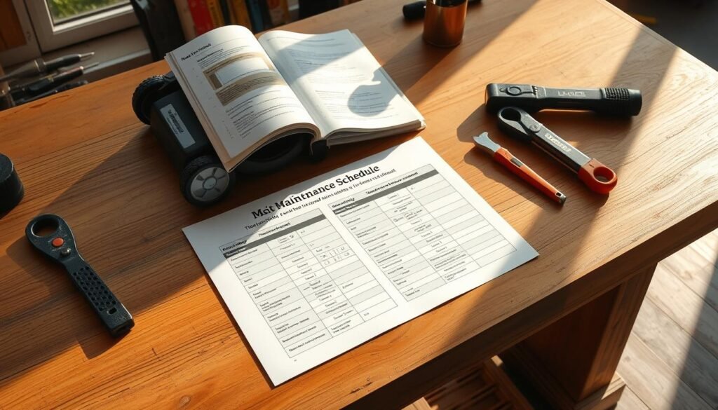 A well-organized lawn mower maintenance schedule laid out on a wooden workbench, with an open manual and various tools nearby. Crisp natural lighting from a window casts soft shadows, creating a sense of order and organization. The schedule is presented in a clean, easy-to-read format, with checkboxes and detailed instructions for routine tasks like oil changes, blade sharpening, and air filter replacements. The overall mood is one of efficiency and professionalism, encouraging the viewer to establish a consistent maintenance routine for their push mower.