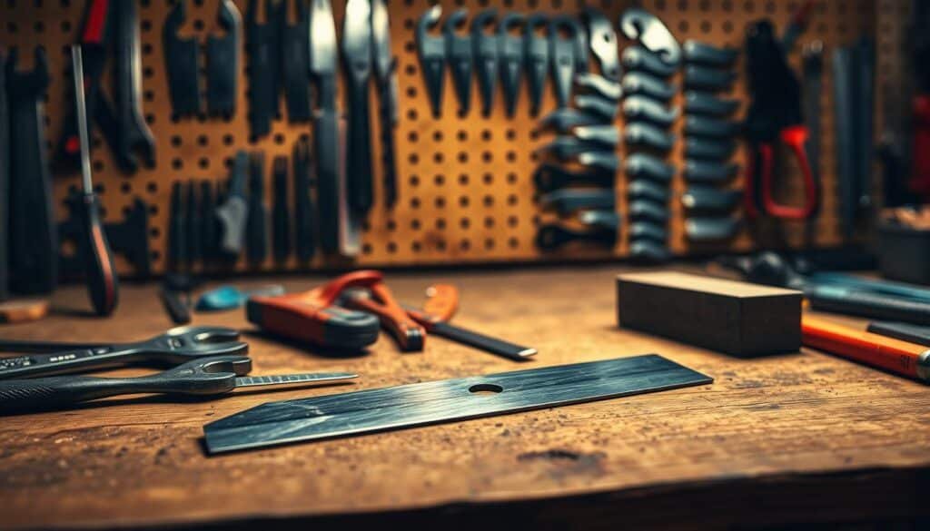 A workshop table under warm, directional lighting. On it, a freshly sharpened lawn mower blade lies alongside various tools - wrenches, a file, and a sharpening stone. The blade's edge glistens, indicating a precise, professional touch. In the background, a well-organized pegboard displays an array of additional blades, hinting at the routine maintenance required to keep a mower running at peak performance. The overall scene conveys a sense of expertise, care, and the importance of diligent blade upkeep for optimal cutting results. A workshop table under warm, directional lighting. On it, a freshly sharpened lawn mower blade lies alongside various tools - wrenches, a file, and a sharpening stone. The blade's edge glistens, indicating a precise, professional touch. In the background, a well-organized pegboard displays an array of additional blades, hinting at the routine maintenance required to keep a mower running at peak performance. The overall scene conveys a sense of expertise, care, and the importance of diligent blade upkeep for optimal cutting results.