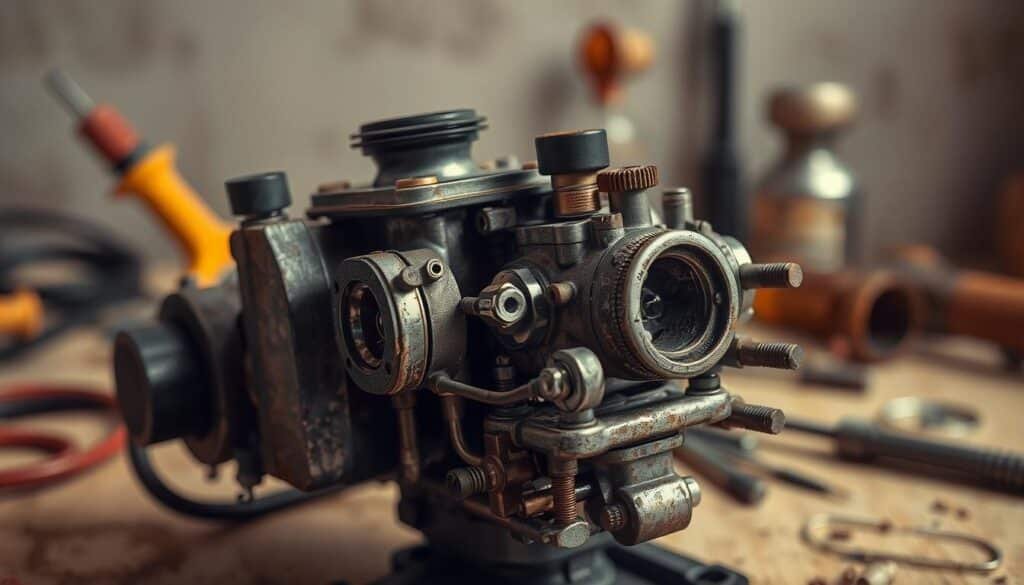An intricate view of a disassembled carburetor, showcasing the tell-tale signs of wear and maintenance issues. The foreground features the carburetor's inner workings, with worn gaskets, clogged jets, and corroded components clearly visible under warm, directional lighting. The middle ground displays a selection of common carburetor cleaning tools, hinting at the necessary repairs. The background fades into a softly blurred, neutral workspace, emphasizing the technical focus of the scene. The overall mood is one of detailed examination, guiding the viewer towards understanding the specific problems that may require attention in their own lawn mower's carburetor.
