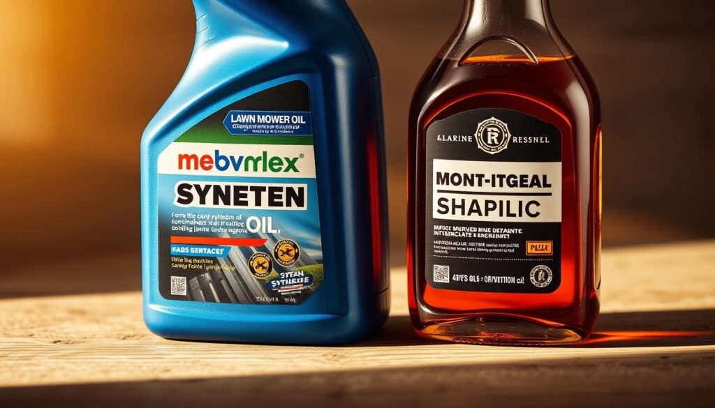 A close-up comparison of two bottles of high-quality lawn mower oil, one synthetic and one conventional. The synthetic oil bottle has a sleek, modern design with a vibrant blue hue, while the conventional oil bottle has a more traditional appearance with a deeper, amber color. The bottles are positioned side by side on a textured, wooden surface, casting soft shadows that create depth and dimension. Warm, diffused lighting illuminates the scene, highlighting the subtle differences in viscosity and transparency between the two types of oil. The overall atmosphere conveys a sense of thoughtful consideration, inviting the viewer to closely examine the distinct properties of these essential lawn mower maintenance products.