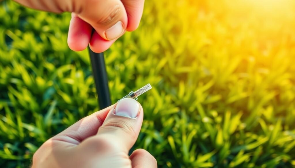 A close-up shot of a hand holding a push mower's dipstick, revealing the engine oil level against a bright, sun-dappled backdrop of freshly mowed grass. The dipstick's markings are clearly visible, providing precise visual guidance on the optimal oil fill level. Warm, natural lighting illuminates the scene, creating a sense of ease and practicality. The image captures the essential task of checking the oil level, a crucial step in maintaining a push mower's performance and longevity, aligning with the article's focus on understanding the proper oil requirements for this type of lawn equipment. A close-up shot of a hand holding a push mower's dipstick, revealing the engine oil level against a bright, sun-dappled backdrop of freshly mowed grass. The dipstick's markings are clearly visible, providing precise visual guidance on the optimal oil fill level. Warm, natural lighting illuminates the scene, creating a sense of ease and practicality. The image captures the essential task of checking the oil level, a crucial step in maintaining a push mower's performance and longevity, aligning with the article's focus on understanding the proper oil requirements for this type of lawn equipment.