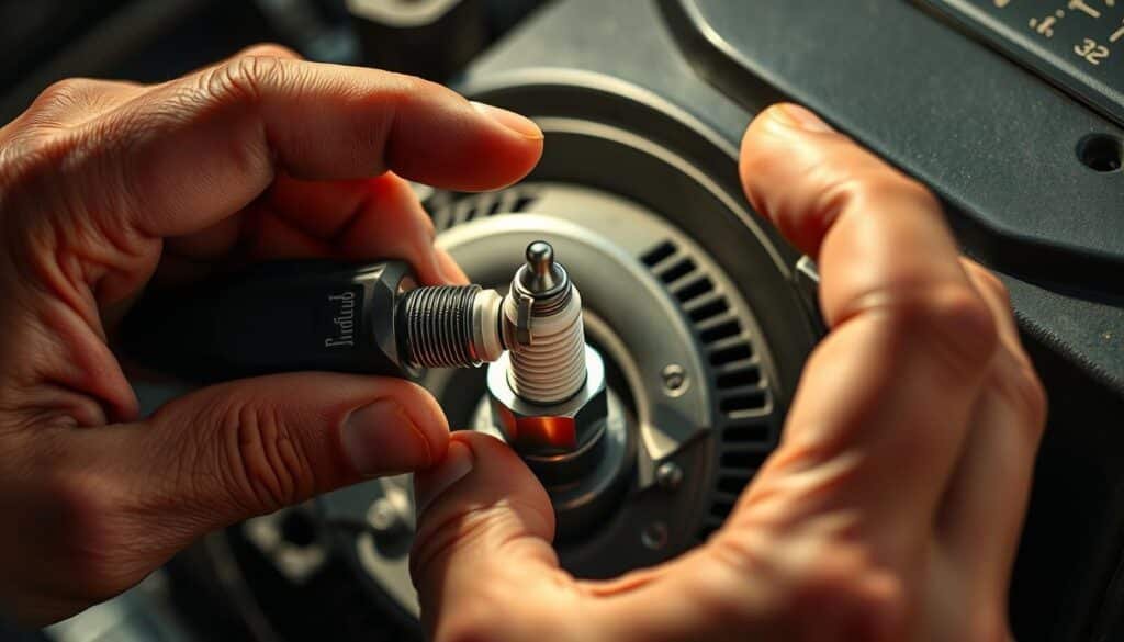A close-up view of a mechanic's hands adjusting the gap on a spark plug using a feeler gauge. The spark plug is mounted in a well-lit engine block, with the engine's mechanical components visible in the background. The lighting is soft and directional, casting subtle shadows that accentuate the intricate details of the spark plug and the mechanic's focused expression. The composition is balanced, with the spark plug and the mechanic's hands occupying the central focus, while the surrounding engine parts provide context and depth to the scene. The overall mood is one of precision, attention to detail, and the skilled craftsmanship required to maintain a lawn mower's engine for optimal performance. A close-up view of a mechanic's hands adjusting the gap on a spark plug using a feeler gauge. The spark plug is mounted in a well-lit engine block, with the engine's mechanical components visible in the background. The lighting is soft and directional, casting subtle shadows that accentuate the intricate details of the spark plug and the mechanic's focused expression. The composition is balanced, with the spark plug and the mechanic's hands occupying the central focus, while the surrounding engine parts provide context and depth to the scene. The overall mood is one of precision, attention to detail, and the skilled craftsmanship required to maintain a lawn mower's engine for optimal performance.