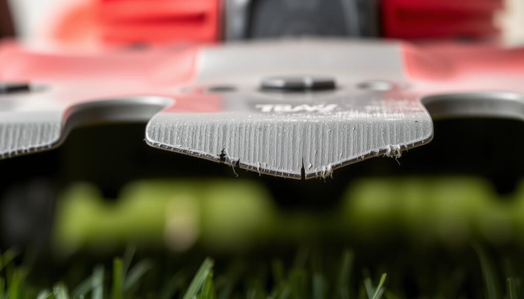 A close-up view of a mower blade, showcasing the nicks and worn edges that indicate the need for sharpening. The blade is captured in sharp focus, with a soft, even lighting that accentuates the texture and imperfections. The background is blurred, creating a minimalist, technical-looking composition that draws the eye to the blade's details. The image conveys a sense of careful inspection, highlighting the importance of maintaining a well-sharpened mower blade for optimal lawn care performance. A close-up view of a mower blade, showcasing the nicks and worn edges that indicate the need for sharpening. The blade is captured in sharp focus, with a soft, even lighting that accentuates the texture and imperfections. The background is blurred, creating a minimalist, technical-looking composition that draws the eye to the blade's details. The image conveys a sense of careful inspection, highlighting the importance of maintaining a well-sharpened mower blade for optimal lawn care performance.