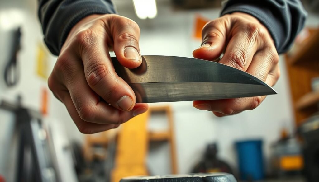 A close-up view of a person's hands carefully inspecting a freshly sharpened mower blade, set against a clean, well-lit workshop backdrop. The blade is held up to the light, revealing its razor-sharp edge and gleaming surface. The hands appear calloused, suggesting the operator's experience. The scene conveys a sense of attentiveness and professionalism, with the goal of ensuring the mower's cutting performance is optimized before its first use. A close-up view of a person's hands carefully inspecting a freshly sharpened mower blade, set against a clean, well-lit workshop backdrop. The blade is held up to the light, revealing its razor-sharp edge and gleaming surface. The hands appear calloused, suggesting the operator's experience. The scene conveys a sense of attentiveness and professionalism, with the goal of ensuring the mower's cutting performance is optimized before its first use.