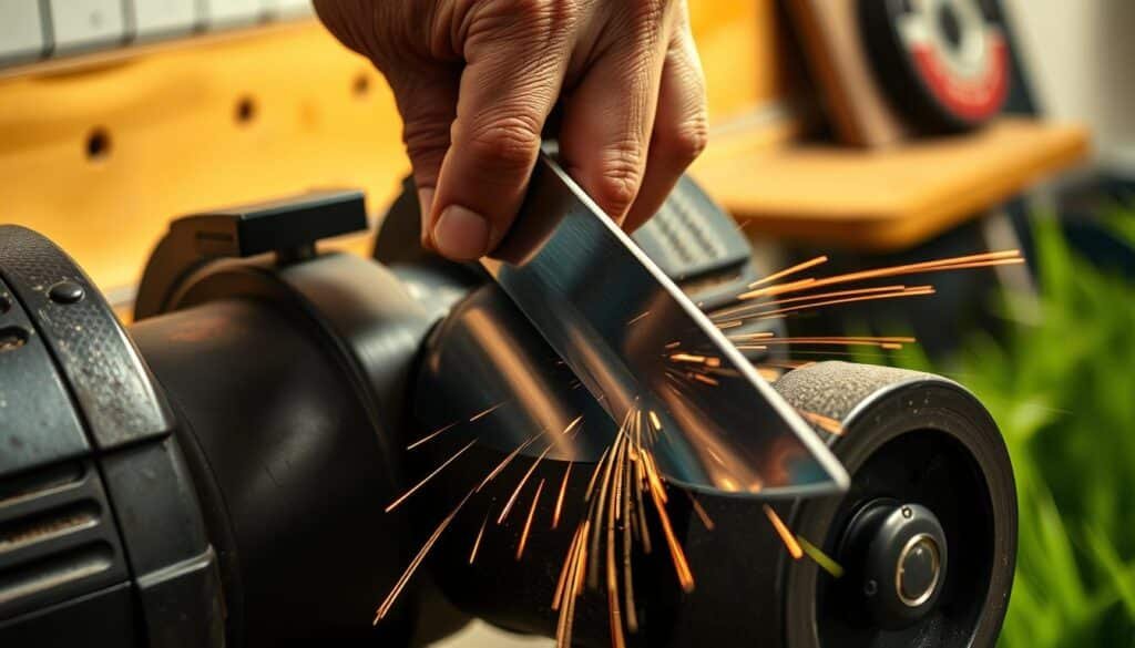 A close-up view of a skilled hand carefully sharpening a steel mower blade with a bench grinder. The blade is firmly held in a specialized blade sharpening jig, positioned at the precise angle for optimal cutting edge. Sparks fly as the grinding wheel caresses the metal, honing it to a keen, razor-sharp finish. The workshop setting is well-lit, with soft shadows cast by the focused task. The mower blade appears freshly sharpened, gleaming under the warm lighting, ready to slice through lush, green grass with ease. A close-up view of a skilled hand carefully sharpening a steel mower blade with a bench grinder. The blade is firmly held in a specialized blade sharpening jig, positioned at the precise angle for optimal cutting edge. Sparks fly as the grinding wheel caresses the metal, honing it to a keen, razor-sharp finish. The workshop setting is well-lit, with soft shadows cast by the focused task. The mower blade appears freshly sharpened, gleaming under the warm lighting, ready to slice through lush, green grass with ease.