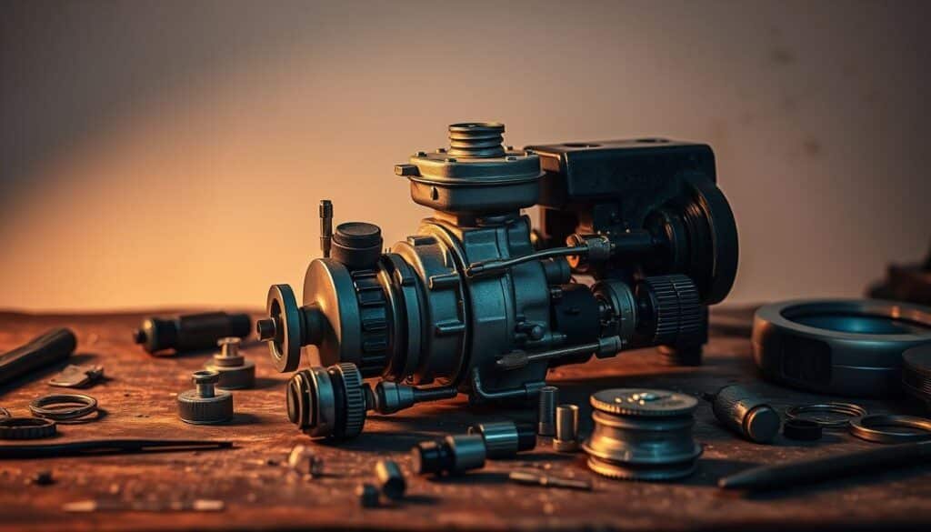 A close-up view of a small engine carburetor, partially disassembled and laid out on a workbench against a plain backdrop. The carburetor components are shown in an exploded diagram, with tools and spare parts nearby, conveying a sense of troubleshooting and repair. Warm, directional lighting illuminates the scene, casting subtle shadows that emphasize the mechanical details. The overall tone is one of technical problem-solving, with a focus on the inner workings of the carburetor and the steps involved in diagnosing and addressing any issues. A close-up view of a small engine carburetor, partially disassembled and laid out on a workbench against a plain backdrop. The carburetor components are shown in an exploded diagram, with tools and spare parts nearby, conveying a sense of troubleshooting and repair. Warm, directional lighting illuminates the scene, casting subtle shadows that emphasize the mechanical details. The overall tone is one of technical problem-solving, with a focus on the inner workings of the carburetor and the steps involved in diagnosing and addressing any issues.