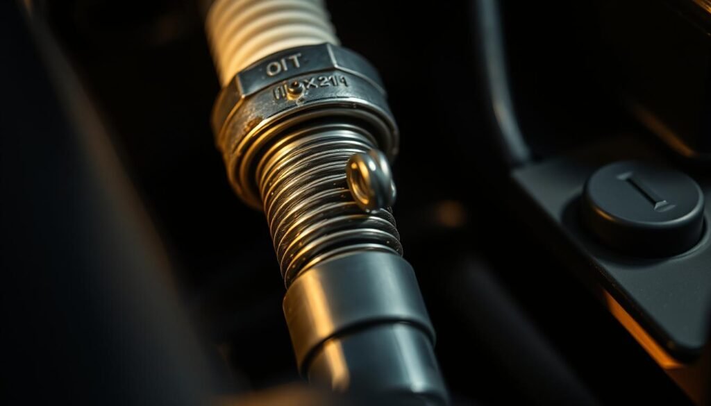 A close-up view of a spark plug being carefully inspected under bright, directional lighting. The plug's porcelain insulator and metal electrodes are sharply in focus, revealing intricate details and any potential signs of wear or damage. The surrounding engine components are slightly blurred, placing emphasis on the spark plug itself. The overall mood is one of technical precision and diligent examination, as if part of a professional mechanic's diagnostic process. A close-up view of a spark plug being carefully inspected under bright, directional lighting. The plug's porcelain insulator and metal electrodes are sharply in focus, revealing intricate details and any potential signs of wear or damage. The surrounding engine components are slightly blurred, placing emphasis on the spark plug itself. The overall mood is one of technical precision and diligent examination, as if part of a professional mechanic's diagnostic process.