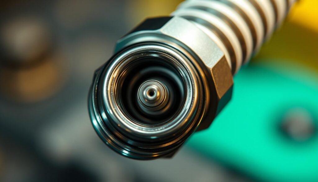 A close-up view of a spark plug being carefully inspected under bright, focused lighting. The plug's metallic surface gleams, revealing its intricate details - the central electrode, the porcelain insulator, and the threads that secure it in place. The image is captured from a slightly angled perspective, emphasizing the plug's three-dimensional structure and inviting the viewer to study its inner workings. The background is softly blurred, keeping the attention firmly on the spark plug and highlighting its importance as a crucial component in the engine's ignition system. A close-up view of a spark plug being carefully inspected under bright, focused lighting. The plug's metallic surface gleams, revealing its intricate details - the central electrode, the porcelain insulator, and the threads that secure it in place. The image is captured from a slightly angled perspective, emphasizing the plug's three-dimensional structure and inviting the viewer to study its inner workings. The background is softly blurred, keeping the attention firmly on the spark plug and highlighting its importance as a crucial component in the engine's ignition system.
