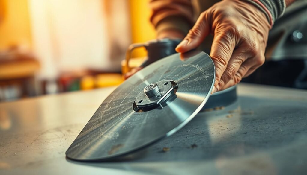 A close-up view of a sturdy, metallic lawn mower blade resting on a clean, well-lit workbench. The blade's sharp edges glint under the warm, soft lighting, highlighting its polished surface and intricate design. In the foreground, a pair of sturdy, work-worn hands gently grasp the blade, ready to inspect and maintain it. The background is slightly blurred, emphasizing the focus on the blade and the hands, creating a sense of purpose and attention to detail. This image conveys the careful, methodical process of safely removing and cleaning a lawn mower blade, ready to be sharpened for optimal lawn care performance. A close-up view of a sturdy, metallic lawn mower blade resting on a clean, well-lit workbench. The blade's sharp edges glint under the warm, soft lighting, highlighting its polished surface and intricate design. In the foreground, a pair of sturdy, work-worn hands gently grasp the blade, ready to inspect and maintain it. The background is slightly blurred, emphasizing the focus on the blade and the hands, creating a sense of purpose and attention to detail. This image conveys the careful, methodical process of safely removing and cleaning a lawn mower blade, ready to be sharpened for optimal lawn care performance.