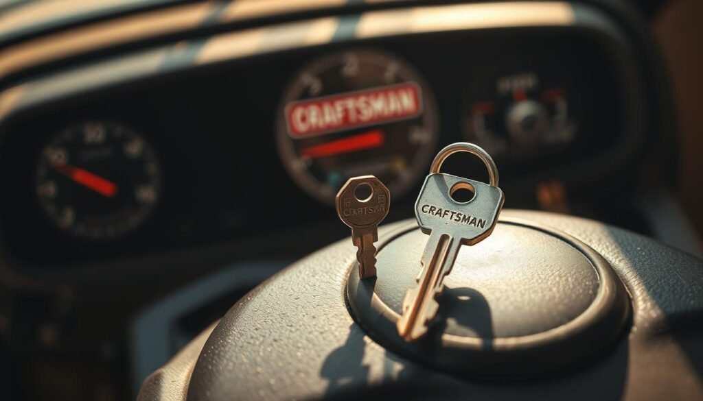 A close-up view of a used Craftsman riding mower key in a well-lit, textured environment. The key is in the foreground, prominently displayed against a slightly blurred background of the mower's control panel and dashboard. The lighting is warm and natural, casting subtle shadows to emphasize the key's form and metallic finish. The overall mood is one of detailed examination, inviting the viewer to consider the key's condition and role in evaluating the value of the used mower. The image conveys a sense of thoughtful inspection, highlighting the key as a crucial factor in assessing the worth of the Craftsman riding mower.