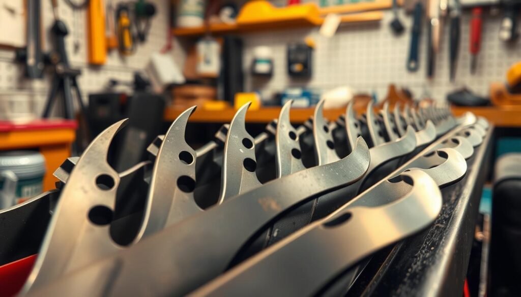 A close-up view of freshly sharpened mower blades, their metal edges gleaming under the warm light of a well-lit workshop. The blades are neatly arranged, their sharp teeth hinting at the precision and efficiency they will bring to the lawn. The background is a clean, organized workbench, with tools and supplies suggesting a professional, meticulous approach to blade maintenance. The image conveys a sense of care and attention to detail, befitting the importance of well-maintained mower blades for a lush, healthy lawn. A close-up view of freshly sharpened mower blades, their metal edges gleaming under the warm light of a well-lit workshop. The blades are neatly arranged, their sharp teeth hinting at the precision and efficiency they will bring to the lawn. The background is a clean, organized workbench, with tools and supplies suggesting a professional, meticulous approach to blade maintenance. The image conveys a sense of care and attention to detail, befitting the importance of well-maintained mower blades for a lush, healthy lawn.