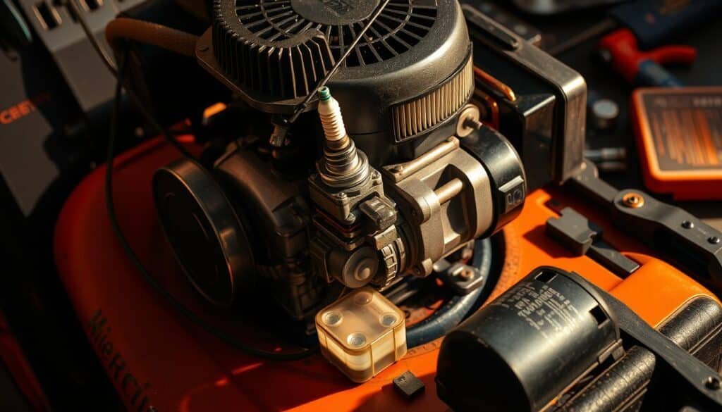 A detailed close-up view of a lawn mower's engine and components, illuminated by warm directional lighting that casts subtle shadows, showcasing the inner workings and highlighting key areas for troubleshooting. The mower is disassembled, with various parts and tools arranged neatly around it, creating a professional, technical atmosphere. The focus is on the carburetor, spark plug, and air filter, as these are commonly the culprits for a mower that starts then dies. The image conveys a sense of problem-solving and DIY repair, encouraging the viewer to engage with the troubleshooting process. A detailed close-up view of a lawn mower's engine and components, illuminated by warm directional lighting that casts subtle shadows, showcasing the inner workings and highlighting key areas for troubleshooting. The mower is disassembled, with various parts and tools arranged neatly around it, creating a professional, technical atmosphere. The focus is on the carburetor, spark plug, and air filter, as these are commonly the culprits for a mower that starts then dies. The image conveys a sense of problem-solving and DIY repair, encouraging the viewer to engage with the troubleshooting process.