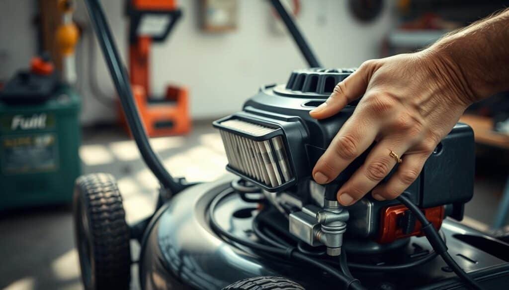 A detailed close-up view of a mechanic's hands examining a push lawn mower's air filter and fuel system. The mower is resting on a clean workbench in a well-lit workshop, casting soft shadows. The mechanic's fingers delicately inspect the filter, assessing its condition. Fuel lines and carburetor components are visible, hinting at the intricate inner workings. A sense of focused problem-solving permeates the scene, with just the right balance of technical detail and visual interest to illustrate the "Diagnosing Fuel and Air Flow Problems" section. A detailed close-up view of a mechanic's hands examining a push lawn mower's air filter and fuel system. The mower is resting on a clean workbench in a well-lit workshop, casting soft shadows. The mechanic's fingers delicately inspect the filter, assessing its condition. Fuel lines and carburetor components are visible, hinting at the intricate inner workings. A sense of focused problem-solving permeates the scene, with just the right balance of technical detail and visual interest to illustrate the "Diagnosing Fuel and Air Flow Problems" section.