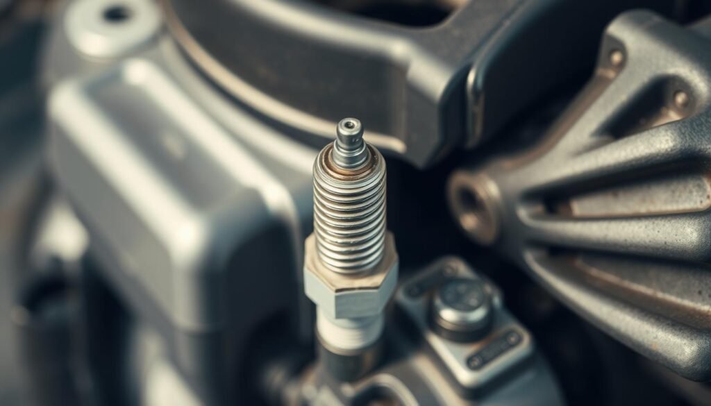 A detailed close-up view of a well-maintained lawn mower engine, showcasing the spark plug's location. The spark plug is prominently featured, visible against a clean, well-lit metal surface. The engine components are in focus, allowing for easy identification of the spark plug's position. Soft, directional lighting highlights the spark plug's shape and texture, creating a sense of depth and clarity. The overall scene conveys a technical, informative atmosphere, suitable for guiding the viewer in locating the spark plug on a lawn mower engine. A detailed close-up view of a well-maintained lawn mower engine, showcasing the spark plug's location. The spark plug is prominently featured, visible against a clean, well-lit metal surface. The engine components are in focus, allowing for easy identification of the spark plug's position. Soft, directional lighting highlights the spark plug's shape and texture, creating a sense of depth and clarity. The overall scene conveys a technical, informative atmosphere, suitable for guiding the viewer in locating the spark plug on a lawn mower engine.