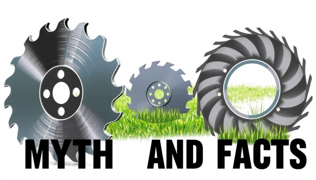 A detailed illustration of lawn mower blades, showcasing both myths and facts. Set against a clean, white background, the blades are presented from various angles, highlighting their intricate design and construction. The foreground features a close-up view of a sharpened blade, its edges gleaming under bright, directional lighting, dispelling the myth of dull, unsharpened blades. The middle ground displays a cross-section of the blade, revealing its inner workings and the importance of proper maintenance. The background subtly suggests the outdoor setting of a well-manicured lawn, underscoring the blade's essential role in lawn care. The overall tone is informative and visually engaging, inviting the viewer to explore the truths and misconceptions surrounding this essential lawn mower component. A detailed illustration of lawn mower blades, showcasing both myths and facts. Set against a clean, white background, the blades are presented from various angles, highlighting their intricate design and construction. The foreground features a close-up view of a sharpened blade, its edges gleaming under bright, directional lighting, dispelling the myth of dull, unsharpened blades. The middle ground displays a cross-section of the blade, revealing its inner workings and the importance of proper maintenance. The background subtly suggests the outdoor setting of a well-manicured lawn, underscoring the blade's essential role in lawn care. The overall tone is informative and visually engaging, inviting the viewer to explore the truths and misconceptions surrounding this essential lawn mower component.