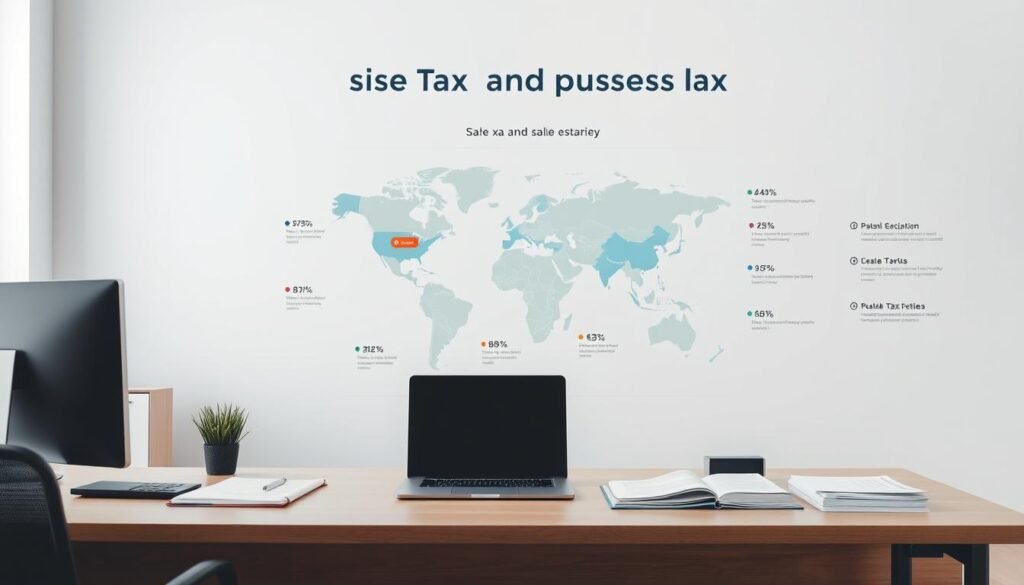 A detailed overview of sales tax and use tax in the United States, presented in a clean, infographic-style layout. In the foreground, a modern office setting with a desk, laptop, and tax-related documents. In the middle ground, a world map highlighting key regions and their sales tax policies, with clear data visualizations. The background features a subtle gradient in calming, professional colors, conveying a sense of authority and expertise. Bright, even lighting illuminates the scene, creating a crisp, well-organized appearance. The composition uses a wide, landscape orientation to accommodate the broad scope of the subject matter. A detailed overview of sales tax and use tax in the United States, presented in a clean, infographic-style layout. In the foreground, a modern office setting with a desk, laptop, and tax-related documents. In the middle ground, a world map highlighting key regions and their sales tax policies, with clear data visualizations. The background features a subtle gradient in calming, professional colors, conveying a sense of authority and expertise. Bright, even lighting illuminates the scene, creating a crisp, well-organized appearance. The composition uses a wide, landscape orientation to accommodate the broad scope of the subject matter.