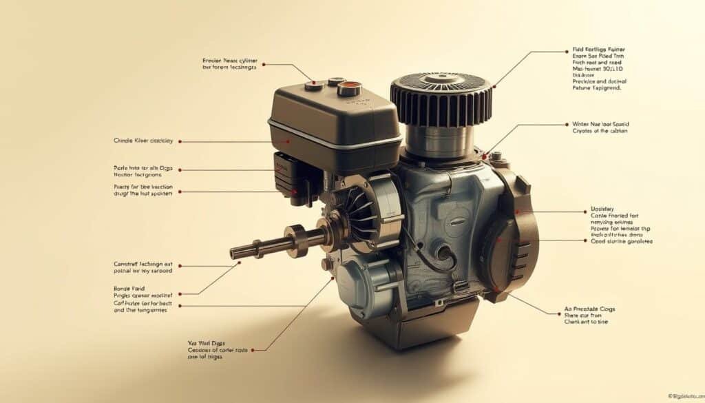 A detailed technical diagram of a Briggs & Stratton engine, showcasing its key specifications and internal components. The image is rendered in a clean, technical style with a neutral color palette, casting a warm, laboratory-like lighting. The engine is presented in a three-quarter view, allowing the viewer to clearly see the cylinder, crankshaft, and other essential parts. The background is a plain, off-white surface, keeping the focus solely on the engine itself. Precise measurements, labels, and annotations are strategically placed around the engine to convey the necessary technical information.