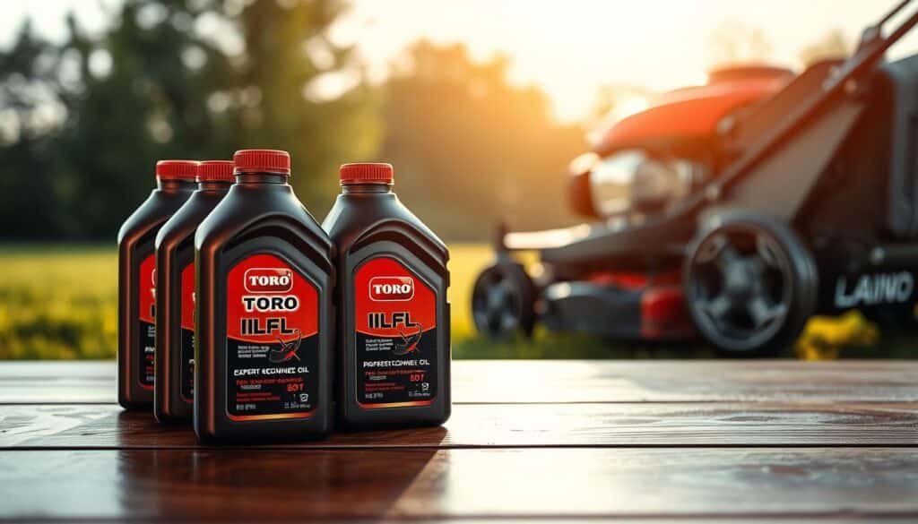 A detailed technical illustration of expert recommendations for Toro lawn mower oil, captured in a realistic, high-resolution photographic style. The foreground features a close-up view of various Toro-branded oil bottles, neatly arranged on a wooden surface with subtle reflections. The middle ground showcases a well-maintained Toro lawn mower, its metallic components gleaming under warm, directional lighting. The background subtly fades into a softly blurred, harmonious setting, conveying a sense of expertise and authority. The overall composition is clean, well-balanced, and designed to visually communicate the subject matter in a professional, informative manner.