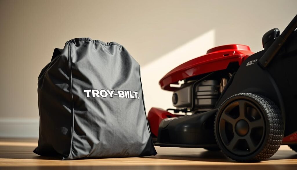A high-resolution, detailed image of a Troy-Bilt lawn mower bag sitting next to a Honda lawn mower, showcased against a clean, well-lit background. The Troy-Bilt bag should be prominently displayed, with its features and compatibility highlighted. The image should convey a sense of quality, durability, and compatibility between the two brands. Capture the bag from multiple angles, including a close-up view to showcase its design and construction. Utilize natural lighting and a slightly elevated camera angle to create a visually appealing and informative image that supports the article's subject matter. A high-resolution, detailed image of a Troy-Bilt lawn mower bag sitting next to a Honda lawn mower, showcased against a clean, well-lit background. The Troy-Bilt bag should be prominently displayed, with its features and compatibility highlighted. The image should convey a sense of quality, durability, and compatibility between the two brands. Capture the bag from multiple angles, including a close-up view to showcase its design and construction. Utilize natural lighting and a slightly elevated camera angle to create a visually appealing and informative image that supports the article's subject matter.