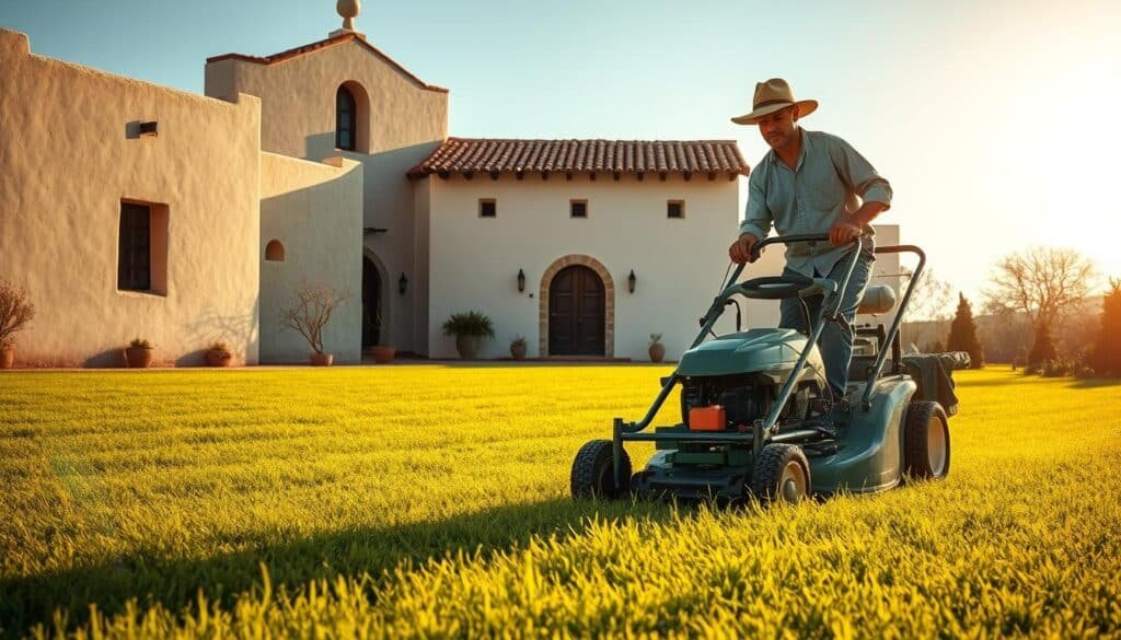 A lawnmower operator diligently mowing a neatly manicured Mexican lawn, the blade slicing through the vibrant green grass with precision. The sun casts a warm, golden glow across the scene, highlighting the operator's focused expression as they guide the machine through the landscape. In the background, a traditional adobe hacienda stands tall, its terracotta roof tiles and whitewashed walls creating a quintessential Mexican setting. The overall atmosphere conveys a sense of tranquility and the peaceful rhythm of a well-tended garden. A lawnmower operator diligently mowing a neatly manicured Mexican lawn, the blade slicing through the vibrant green grass with precision. The sun casts a warm, golden glow across the scene, highlighting the operator's focused expression as they guide the machine through the landscape. In the background, a traditional adobe hacienda stands tall, its terracotta roof tiles and whitewashed walls creating a quintessential Mexican setting. The overall atmosphere conveys a sense of tranquility and the peaceful rhythm of a well-tended garden.