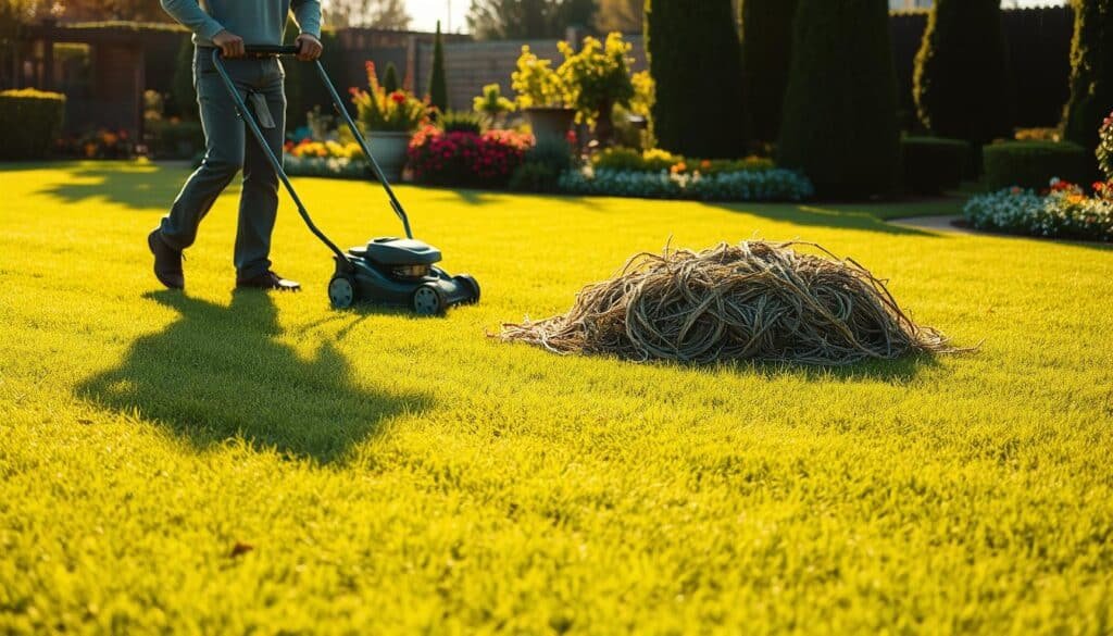 A lush green lawn, freshly mowed, with a person in the foreground pushing a modern lawn mower. The mower leaves a neat, striped pattern in its wake. In the middle ground, a pile of thatch sits ready to be removed, signaling the upcoming dethatching process. The background features a well-manicured garden, with vibrant flowers and neatly trimmed hedges. The scene is bathed in warm, golden sunlight, creating a sense of productivity and accomplishment. A crisp, clear day with a slight breeze rustling the leaves, suggesting the perfect conditions for this lawn maintenance task. A lush green lawn, freshly mowed, with a person in the foreground pushing a modern lawn mower. The mower leaves a neat, striped pattern in its wake. In the middle ground, a pile of thatch sits ready to be removed, signaling the upcoming dethatching process. The background features a well-manicured garden, with vibrant flowers and neatly trimmed hedges. The scene is bathed in warm, golden sunlight, creating a sense of productivity and accomplishment. A crisp, clear day with a slight breeze rustling the leaves, suggesting the perfect conditions for this lawn maintenance task.
